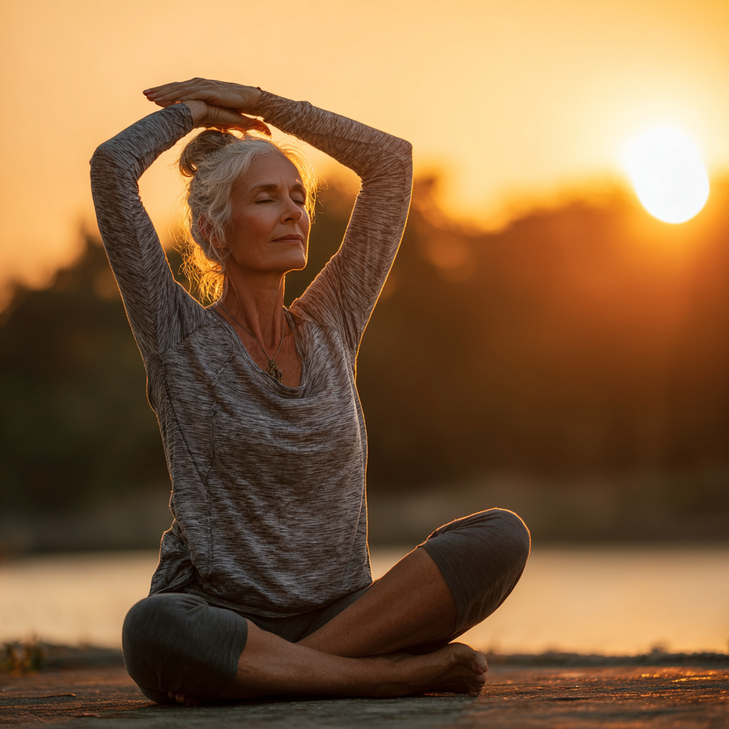 Mature adult practicing yoga poses outdoors during golden hour