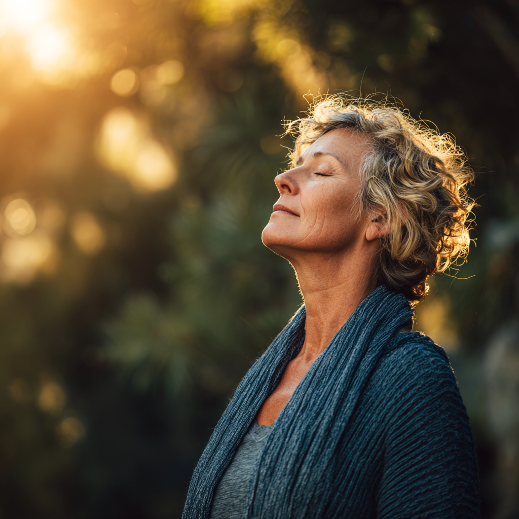 Middle-aged woman practicing mindful breathing meditation in serene natural environment